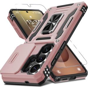 DEERLAMN Case for Samsung Galaxy S26 Ultra 6.9-Inch with Slide Camera Cover+Screen Protector(1 Pack), Rotated Ring Kickstand Military Grade Shockproof Protective Cover-Rose Gold