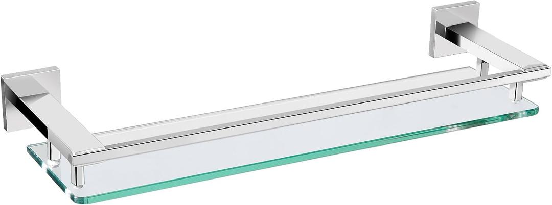 LANC Chrome Bathroom Shelf Glass Shelves 20-Inch Floating Tempered Glass Shelf Rectangular Stainless Steel Wall Mounted Silver Polished Shelves for Bathroom Kitchen Organizers Accessories, A7613CP, 53 cm x 19 cm x 20 cm