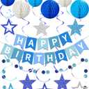 Blue Happy Birthday Decorations, Happy Birthday Banner with Honeycomb Balls, Stars Hanging Swirl Streamers, Dots Garland, Party Decorations for Men Boys Women Girls