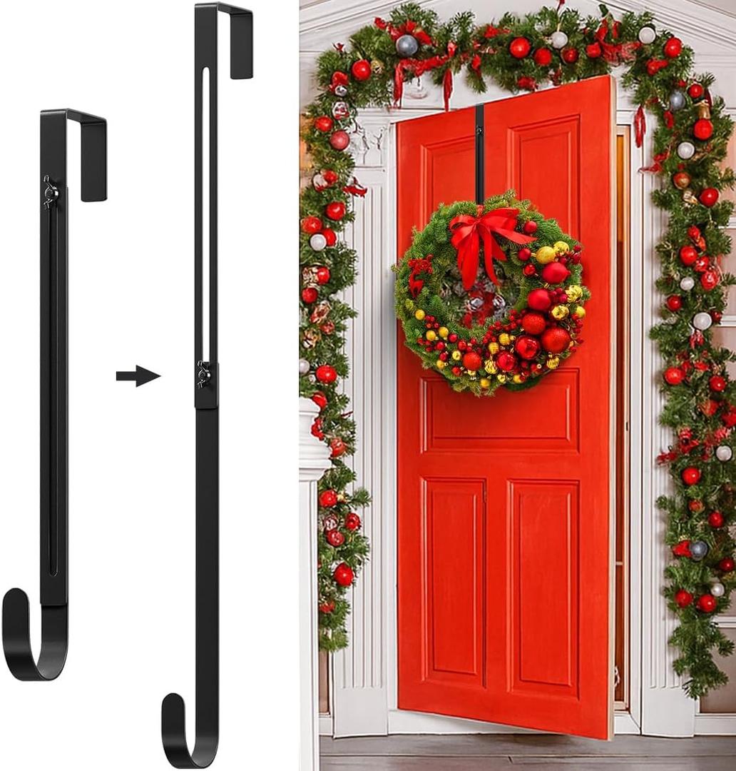 Metal Wreath Hanger for Front Door, Adjustable Wreath Hanger from 12-20", Single Hook, Heavy Duty, Holds up to 20 lbs, Over-the-Door Hook for Hanging Easter, Halloween, Fall, Christmas Decorations (Black)