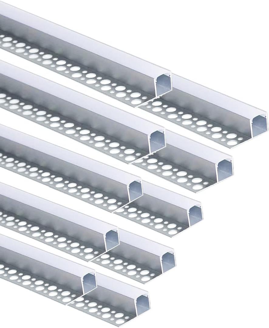 Besseto Plaster-in LED Channel 10 Pack 6.6FT/2 Meter Trim Edge Tile LED Strip Aluminum Channel, Trimless Recessed Drywall Aluminum LED Profile with Milky Diffuser and End Caps