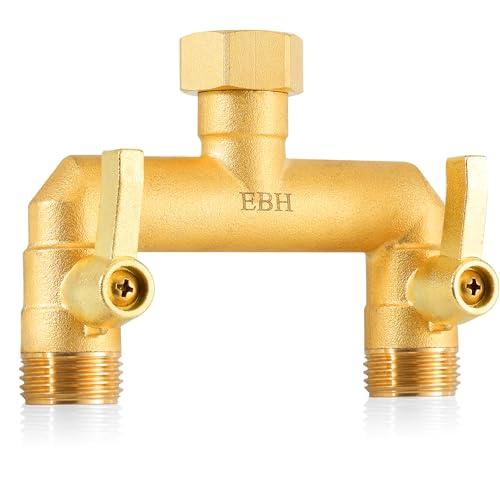 EBH Garden Hose Splitter, Full Flow Outdoor Faucet Splitter, 2-Way High Flow Brass Heavy Duty Hose Splitter with Long Metal Handle。