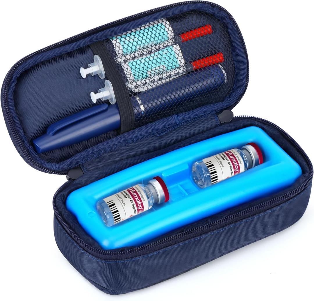 YOUSHARES Insulin Vials Cooler Travel Case - TSA Approved Diabetic Medication Vial Cooling Bag with Protective Ice Brick, Refrigerated Diabetes Supplies Organizer, Small Bottle Carrying Storage (01_navy Blue)