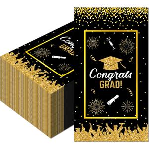 40PCS Graduation Paper Napkins - Black & Gold Congrats GRAD Disposable Luncheon Napkins for College High School Graduation Parties, Birthday Decorations, Congrats Grad Dinner, 4.3x7.9 Inches