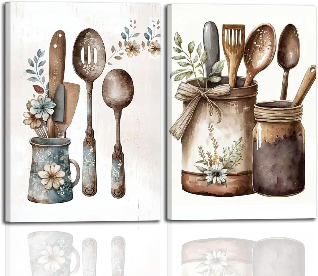 2 pcs Vintage Country Kitchen Wall Art Kitchenware Still Life Painting Decor Rustic Farmhouse with Cutlery and Jars Illustration Decors Painting for Kitchen Dining Room Living Room 12x16Inch Framed