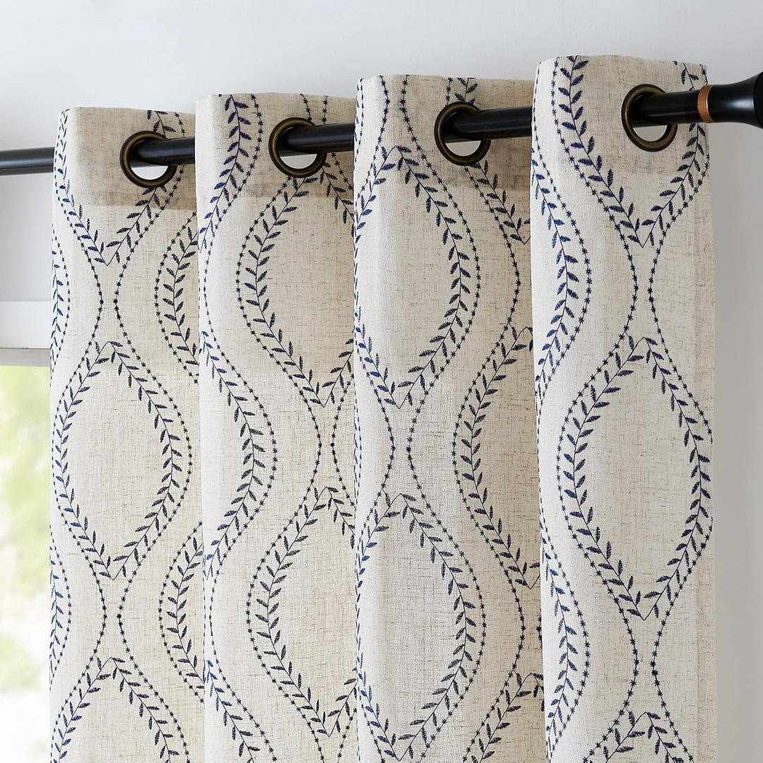 Jinchan Boho Linen Blend Curtains Beige Farmhouse Curtains 96 Inches Long Blue Embroidered Leaf Living Room Ogee Geometry Drapes Light Filtering Grommet Country Drapes 2 Panels Blue on Flax, Size: 50"W x 96"L (Pack of 2)
