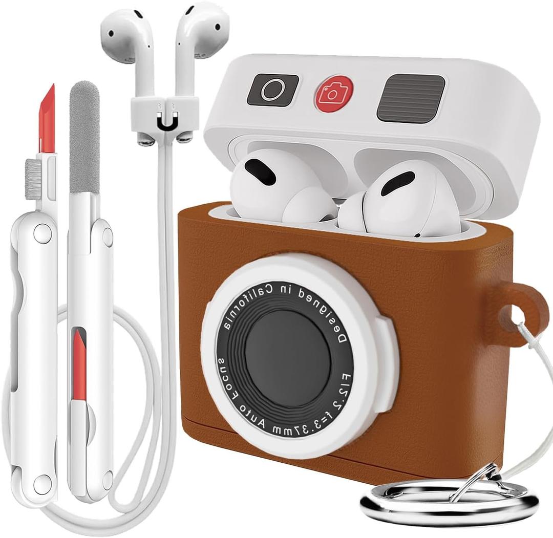 for Airpods 4 Case Cover with Magnetic Anti-Lost Straps & Cleaning Kit, Shockproof Silicone Camera Protector for Airpod 4th Generation Cases Wireless Charging with Keychain Accessories (Brown)