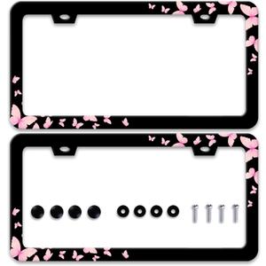 2pcs Pink Butterflies License Plate Frame Beautiful Butterfly License Plate Frames Stainless Steel Accessories Cars Decor with 2 Holes and Screws Fits Standard Us Ca Vehicles Size 12.2 X 6 Inches