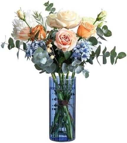 ComSaf Glass Cylinder Vases, Bud Vase for Centerpieces, 8 Inch Tall Ribbed Vase Hurricane Floating Candle Holder, Decorative Flower Vases for Wedding Reception, Home Decor, Housewarming Gift (Blue)