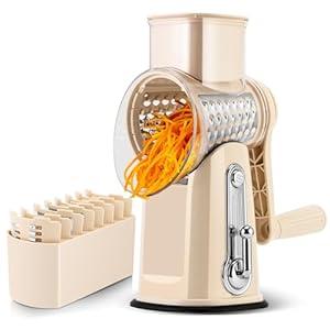 SUSTEAS Rotary Cheese Grater with Handle - Vegetable Shredder with 5 Well-designed Blades & Strong Suction Base, Round Mandoline Slicer & Food Chopper for Kitchen, with Blade Storage Box(Beige)