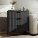 Wood Night Stand Fluted for Bedroom 3 Drawers End Tables Nightstand, Storage Modern Side Table Natural Black Bedside Table, 29.53 inches x 25.6 inches x 13.78 inches