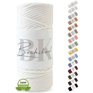 BOCHIKNOT Braided Macrame Cord 4mm x 109yds - Braided Rope for Macrame Wall Hangings, Plant Hangers - 4mm Braided Macrame Cord - Cotton Macrame Cord for Crafts - 4mm Macrame Cord Braided (Milk White)