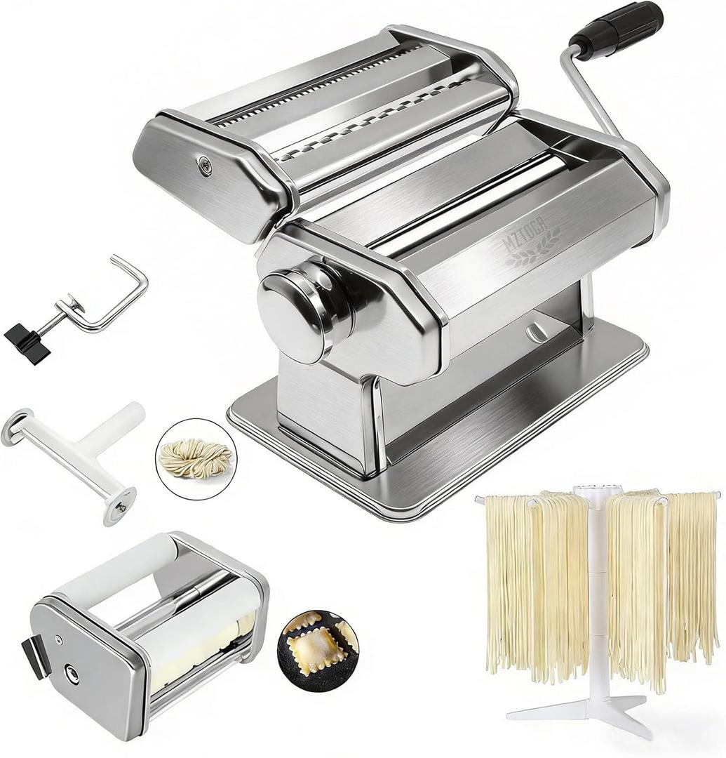 Pasta Maker Machine with 9 Adjustable Thickness Settings, 2 in 1 Noodle Maker Includes Pasta Cutter, Ravioli Maker Attachment & Pasta Drying Rack