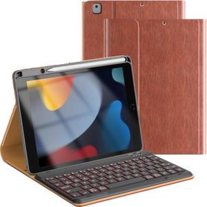 OPAKIT Leather Keyboard Case for iPad 9th/ 8th/ 7th Generation 10.2 inch, iPad Pro 10.5-inch Air 3rd Case with Pencil Holder, 7 Color Backlight BT Keyboard (2021/ 2020/ 2019/ 2017), Brown