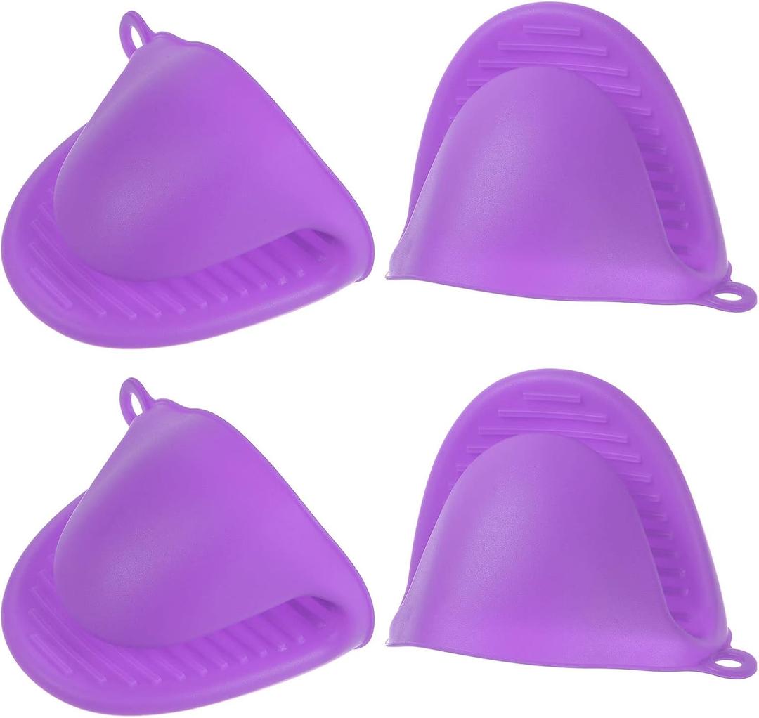 HARFINGTON 4pcs Thickened Mini Oven Gloves, Heat Resistant Silicone Oven Mitts Finger Pinch Grips Pot Holder for Kitchen, Cooking, Baking, BBQ Heat Resistant Gloves, Purple
