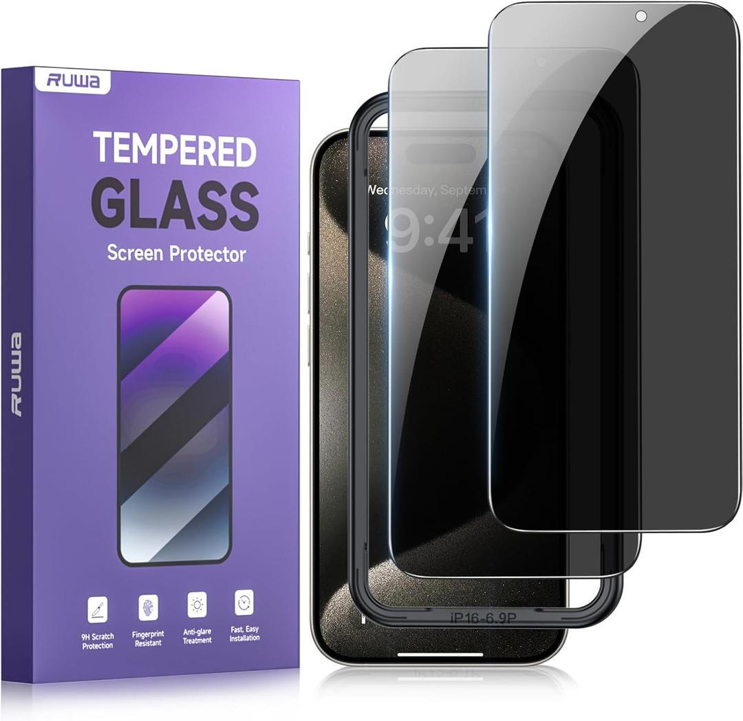 3 x ruwa Privacy Screen Protector for iPhone 16 Pro Max[2-Pack] Anti-Peep Tempered Glass Film with Easy Installation Frame, 9H Hardness, Scratch Resistant, Case Friendly