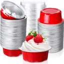 Eaasty 150 Pcs Baking Cups with Lids, 1.6 oz Muffin Cupcake Liners Aluminum Foil Mini Cake Pans Small Disposable Ramekins Flan Containers with Lids for Christmas, Birthday, Various Holiday(Red)