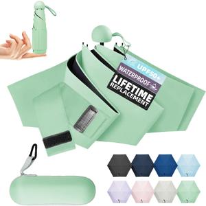 Travel Mini Umbrella Compact Small & Lightweight, UV Rain Protection, Pocket-Sized Folding Umbrellas with Quickdraw & Case for Men Women & Kids Backpack (NEWGreen)