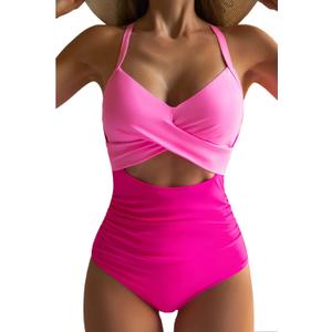 Eomenie Women's One Piece Swimsuits Tummy Control Cutout High Waisted Bathing Suit Wrap Tie Back 1 Piece Swimsuit (Large, Pink)