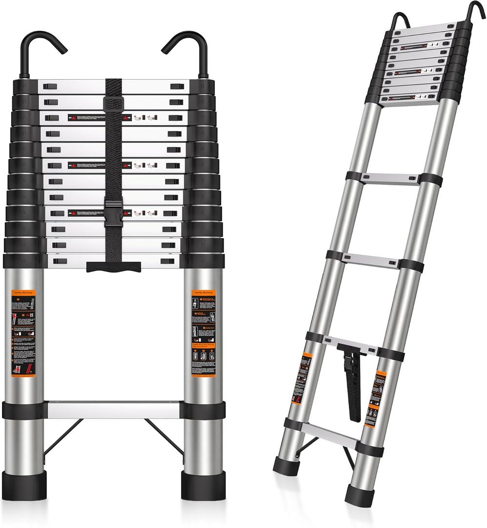 Telescoping Ladder 16.5 FT Telescope Ladder Stainless Steel, Extension Collapsible Telescopic Ladders with 2 Hooks Folding Extendable Adjustable Portable Rv Ladders for Home Roof, 330lbs Max Capacity