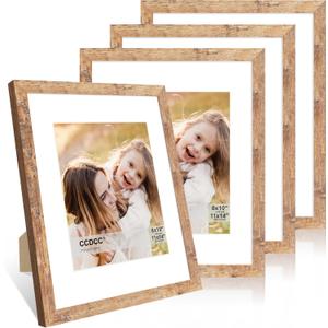11x14 Picture Frame Set of 4, 11 x 14 Wood Photo Frames with Mat for 8x10, Natural Wooden Frame with Real Glass Cover for Wall and Tabletop Display,Brown
