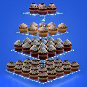 Cupcake Stand, 4 Tier Cupcake Holder, Light Up Cupcake Stand for 50 Cupcakes, Square Cupcake Tower, Dessert Table Display Set for Weddings, Christmas, Birthday Parties (Blue Light)