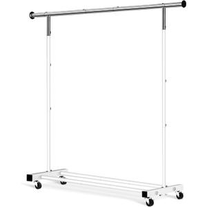 Clothing Rack, 55.51 Inch Heavy Duty Clothes Rack Rolling Garment Rack with Wheels and Bottom Shelf, 130LB Capacity Clothes Racks for Hanging Clothes, Coats, Shirts, Sweaters, Skirts, White (Single)