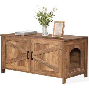 Homhedy 39.4" L Cat Litter Box Enclosure, Pet House with Barn Door,Wooden Cat Washroom Furniture,Fit Most of Litter Box, Rustic Walnut