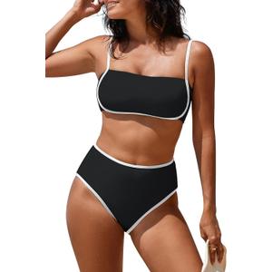 Pink Queen 2025 Women's High Waisted Bikini Sets Two Piece Swimsuit Color Block High Cut Bathing Suits Beach (Medium, Black)