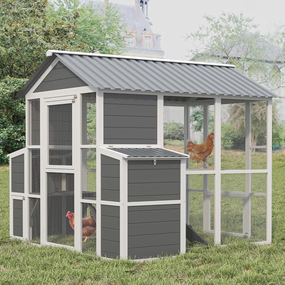 YOPTO Outdoor Wooden Chicken Coop for 10 Chickens,Large Hen House Poultry Habitat Pet Hutch Run Cage with 2 Chicken Nesting Boxes,Walk in Chicken Coops Run W/Ramp and Run,Waterproof Roof,(80"×82"×69")