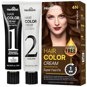 Herbishh 1-Minute Korean Hair Dye Cream & Developer (2.03 fl oz Each) Natural Brown - Permanent Color for Hair Root Touch Up & Full Hair Gray Coverage, Ammonia-Free Hair Dye Kit for Women & Men