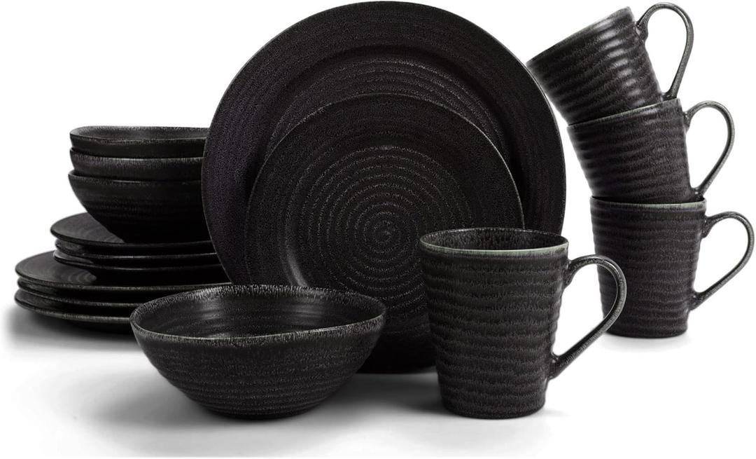 Elanze Designs Charming Chic Ribbed Modern Thrown Pottery Look Ceramic Stoneware Plate Platter Mug & Bowl Kitchen Dish Dinnerware 16 Piece Set - Service for 4, Black With White
