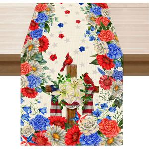 XCHI Colorful Patriotic Flowers Cross Cardinals America Memorial Day Table Runner Patriotic Table Decoration for Party Home Kitchen Dining Holiday Decor 13x120 Inch