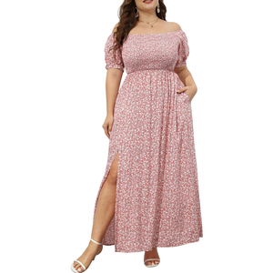 Plus Size Summer Dresses - Boho Casual Off Shoulder Floral Long Maxi Dress with Pockets 2XL