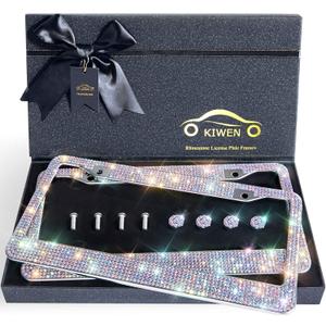 Bling License Plate Frames with High End Ribbon Gift Box,2 Pack Rhinestone License Plate Frame,Handcrafted Crystal Premium Stainless Steel Bling License Plate Frame for Women,Birthday (colorful)