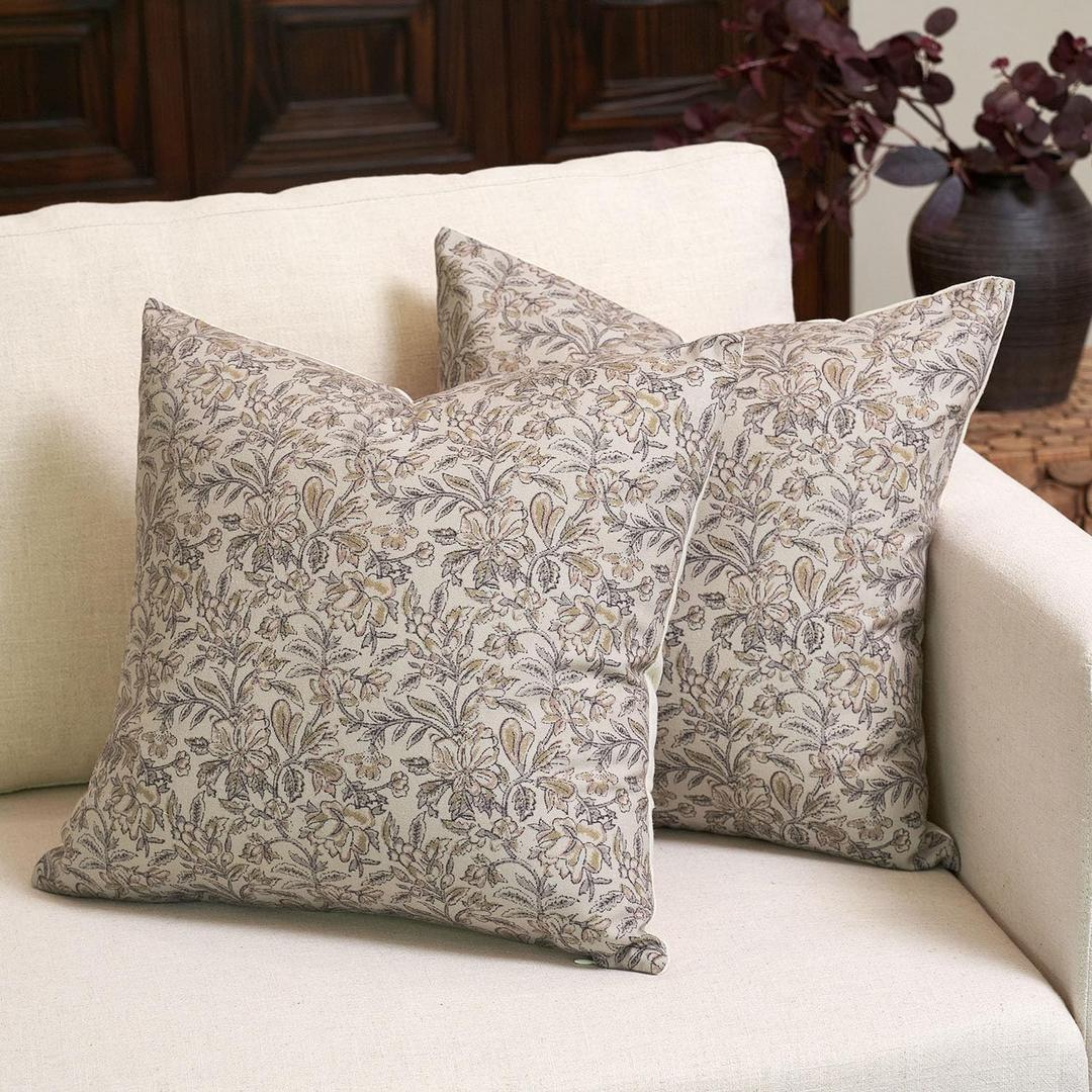 Amor Virisso Floral Throw Pillow Covers 20x20 Set of 2 Vintage Block Print Pillow Covers Decorative Pillow Covers Couch Pillows for Living Room Farmhouse Accent Sofa Pillows, Yellow/Sand