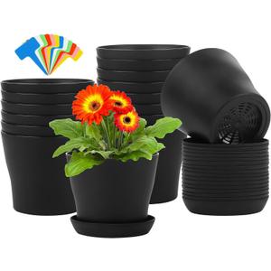 Aodaer 16 Pack 4 Inch Plastic Planters with Multiple Drainage Holes and Tray Indoor Outdoor Flower Plant Nursery Pots with Labels Flower Seedling Pots for Herb Garden Home Succulents, Black