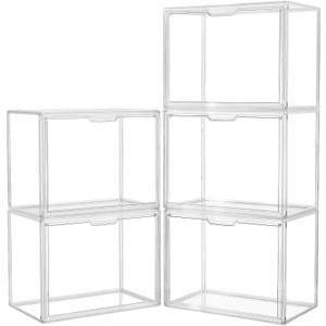 Acrylic Box Display Case, Clear Plastic Stackable Storage Bins with Magnetic Attraction Lid, Showcase for Cosmetic, Large Figures Collectibles (5 Pack, XLarge)