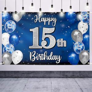 Nelbiirth Happy 15th Birthday Decorations, 15th Blue & Silver Balloon Large Birthday Banner Backdrop Sign, Cheers to Fifteen Years Old Bday Party Supplies