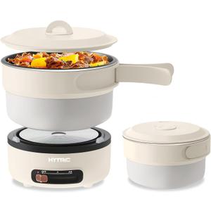 HYTRIC Electric Cooker, 2L Portable Electric Cooker with Foldable Handle, Non-Stick Electric Cooker with Dual Power Control for Camp, Dorm, Multi-Function Ramen Cooker for Oatmeal, Steak, Pasta,
