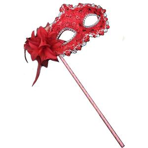 AZYOUNG Women's Masquerade Masks Side Feather Flower Petal Hand Held Lace Mask with Stick (Red)