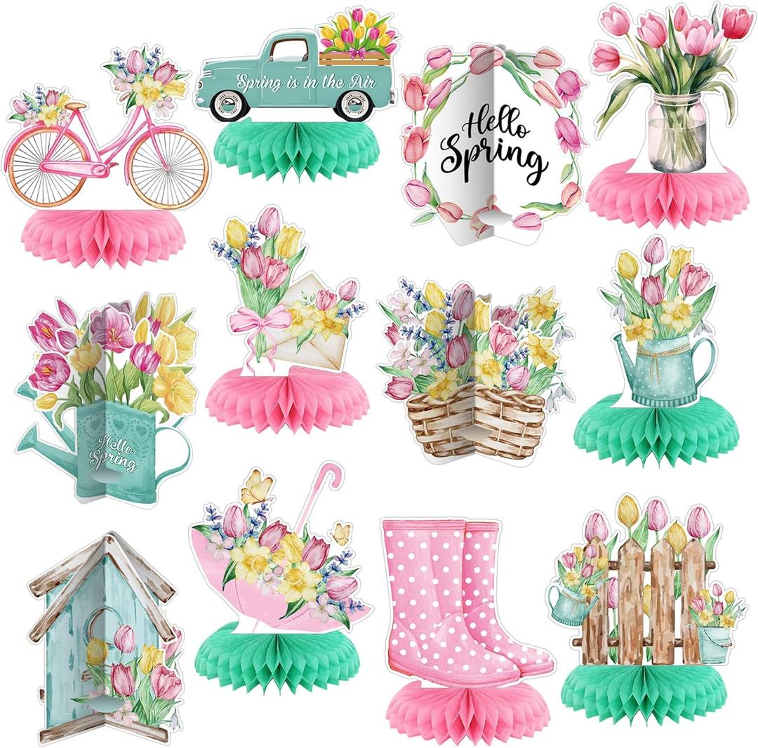 12 Pcs Spring Party Decorations Hello Spring Theme Party Decorations Flower Tulip Honeycomb Table Centerpieces for Home Office Birthday Honeycomb Supplies Decor