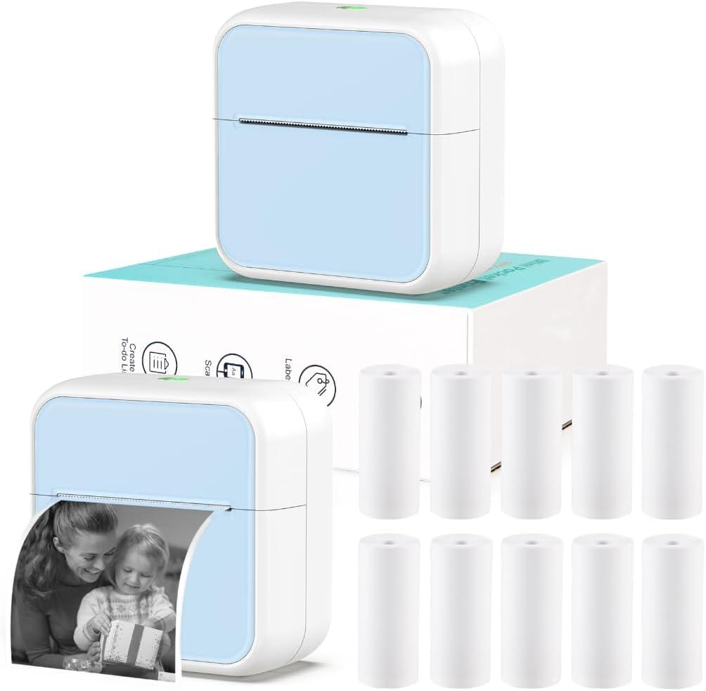 Mini Pocket Printer for iPhone/Android, Portable Mini Thermal Printering with 10 Rolls Non-Sticky Thermal Papers, Blue-Tooth Printers for Journal Memo Notes Photo Study, Blue