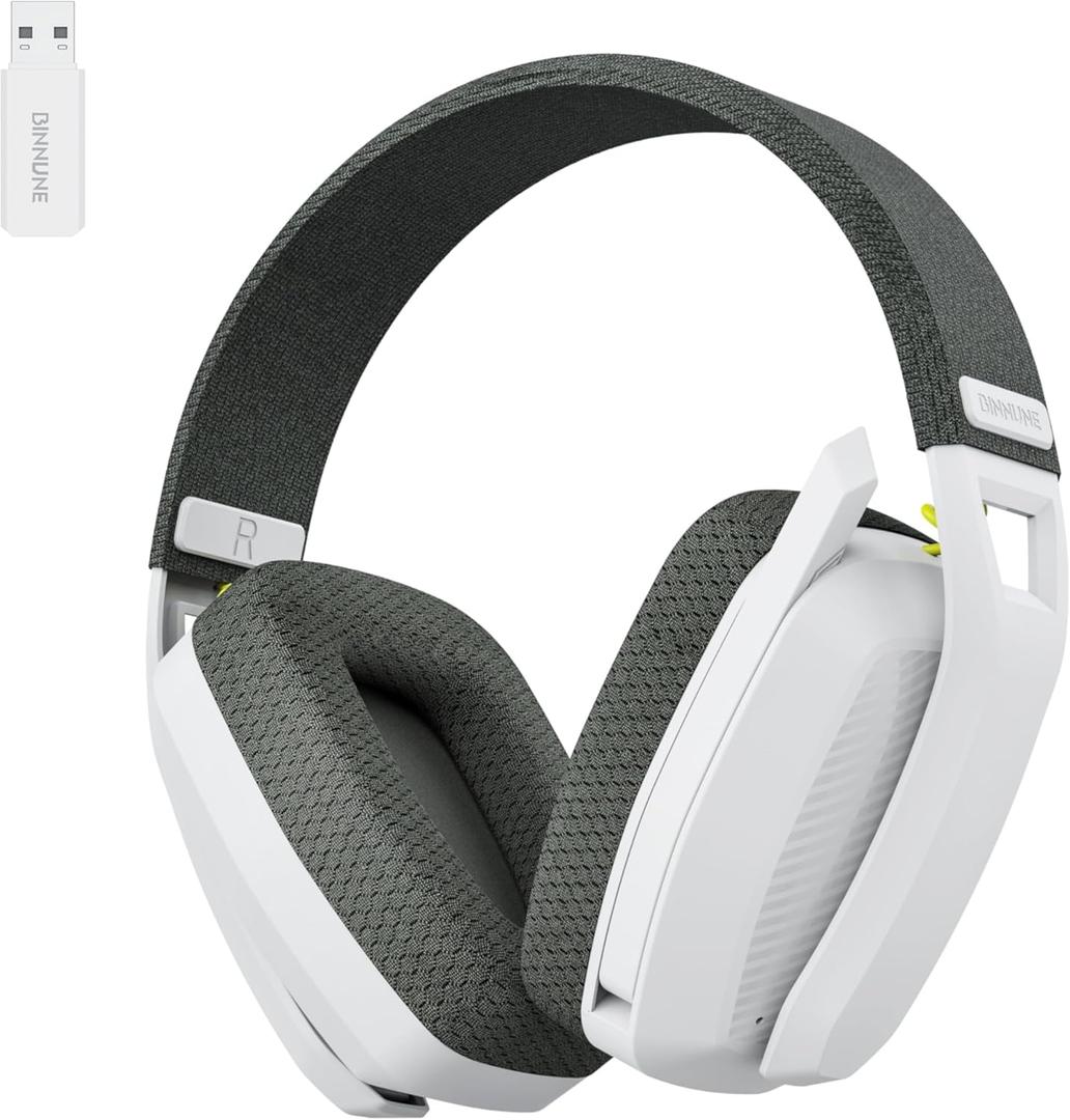 BINNUNE Wireless Gaming Headset with Flip Microphone for PC, PS4, PS5, 2.4GHz Wireless Bluetooth Gaming Headset Headphones with Mic for Laptop Computer, White, White/Gray