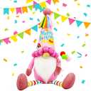Birthday Gnome Plush, 20 inch, Pink Party Decor with Happy Birthday Hat, Gnome Gifts for Women Mom Sisters Daughter Girls Kids Best Friend, Tiered Tray Table Decor
