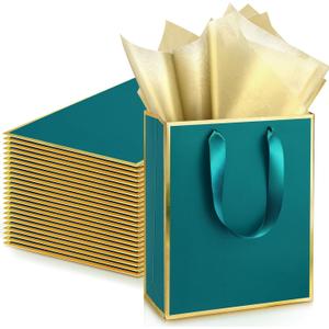 Yeaqee 24 Pack Metallic Paper Gift Bags with Handle and Tissue 9x7x3.1 Gold Foil Welcome Favor Bags Return Gifts for Wedding Fall 5 Senses Valentine Bridesmaid Birthday(Turquoise, Gold)