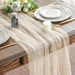 Artoid Mode 3PCS Pearl Beige Gauze Table Runner 120 Inch 10FT, Seasonal Sheer Dining Holiday Wedding Birthday Baby Shower Table Decor for Home Party
