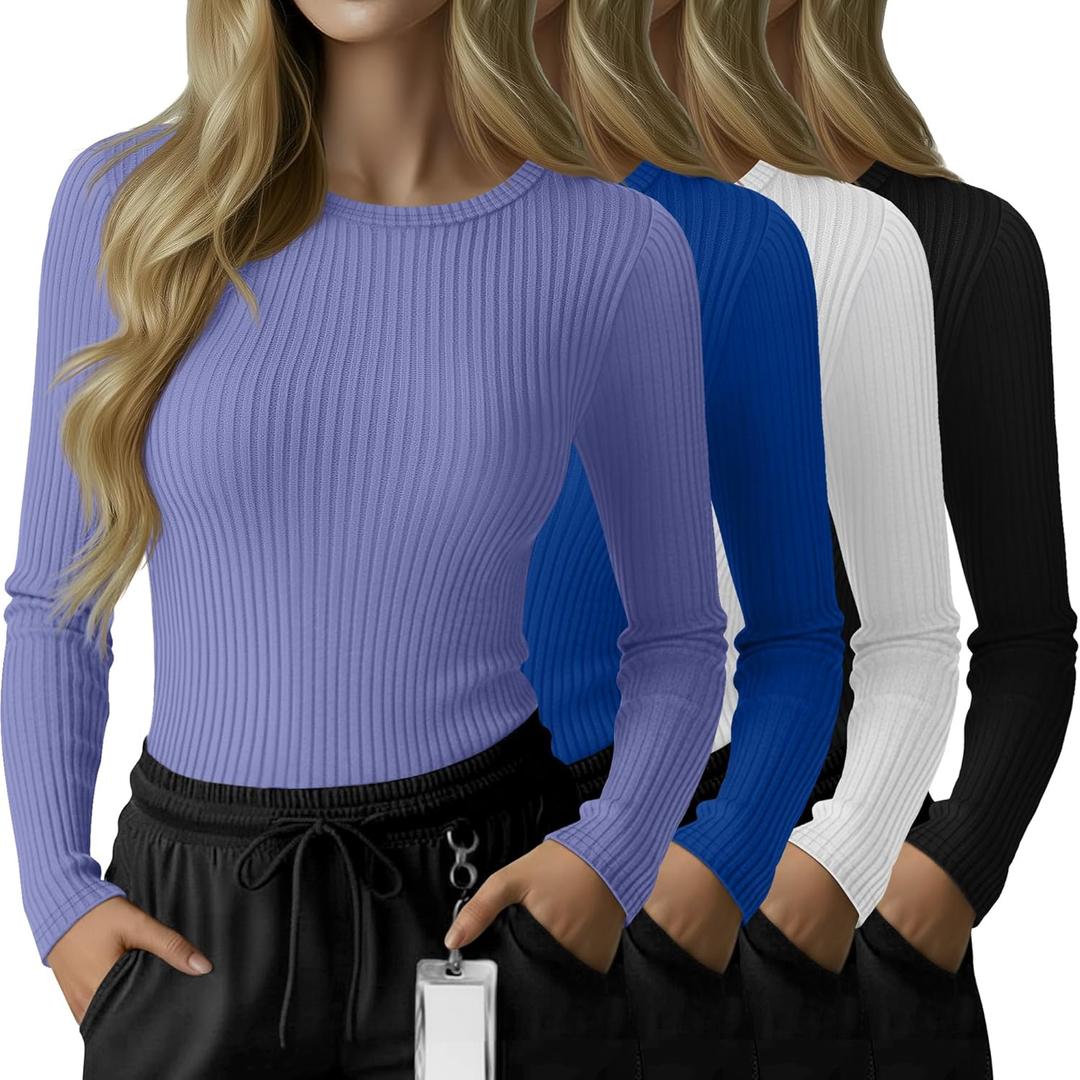 4 Pack Women's Underscrub Shirts Long Sleeve Ribbed Crewneck Tops Slim Fit Soft Cotton Undershirts for Nurse (Medium, Purple Blue, Royal Blue, White, Black)