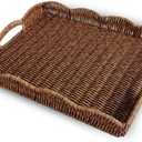 Serving Tray with Scalloped Edge, Rectangular Wicker Tray with Handles, Ideal for Breakfast or Meals in Bed and on Sofa, Decorative Coffee Table Tray to Enhance Dining (Coffee Brown)