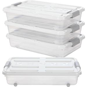 Beeveer 4 Pcs Plastic Under Bed Storage Containers with Lid Wheel Handle, Transparent Large Capacity Stackable Latching Storage Bins for Closet Bedroom Clothes Shoes Blanket(23.7 x 15.8 x 5.2, White)